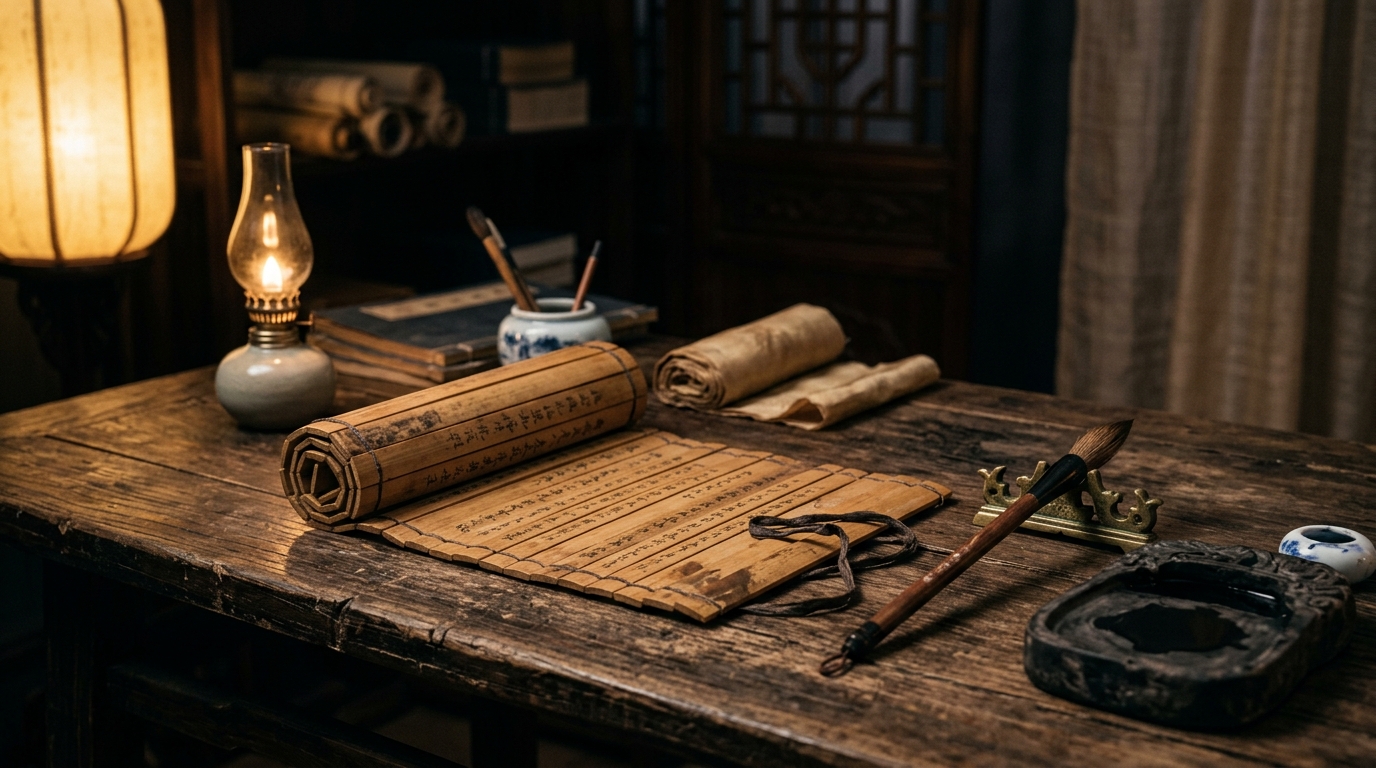 An ancient Chinese scholar's table with a bamboo-slip scroll, ink brush, inkstone and oil lamp in warm lantern light confucius travel quotes