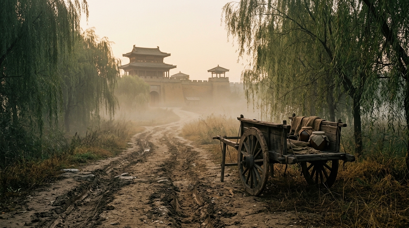 A wooden two-wheeled cart on a rutted ancient Chinese road between willows in dawn mist with a walled town gate behind for Confucius travel quotes