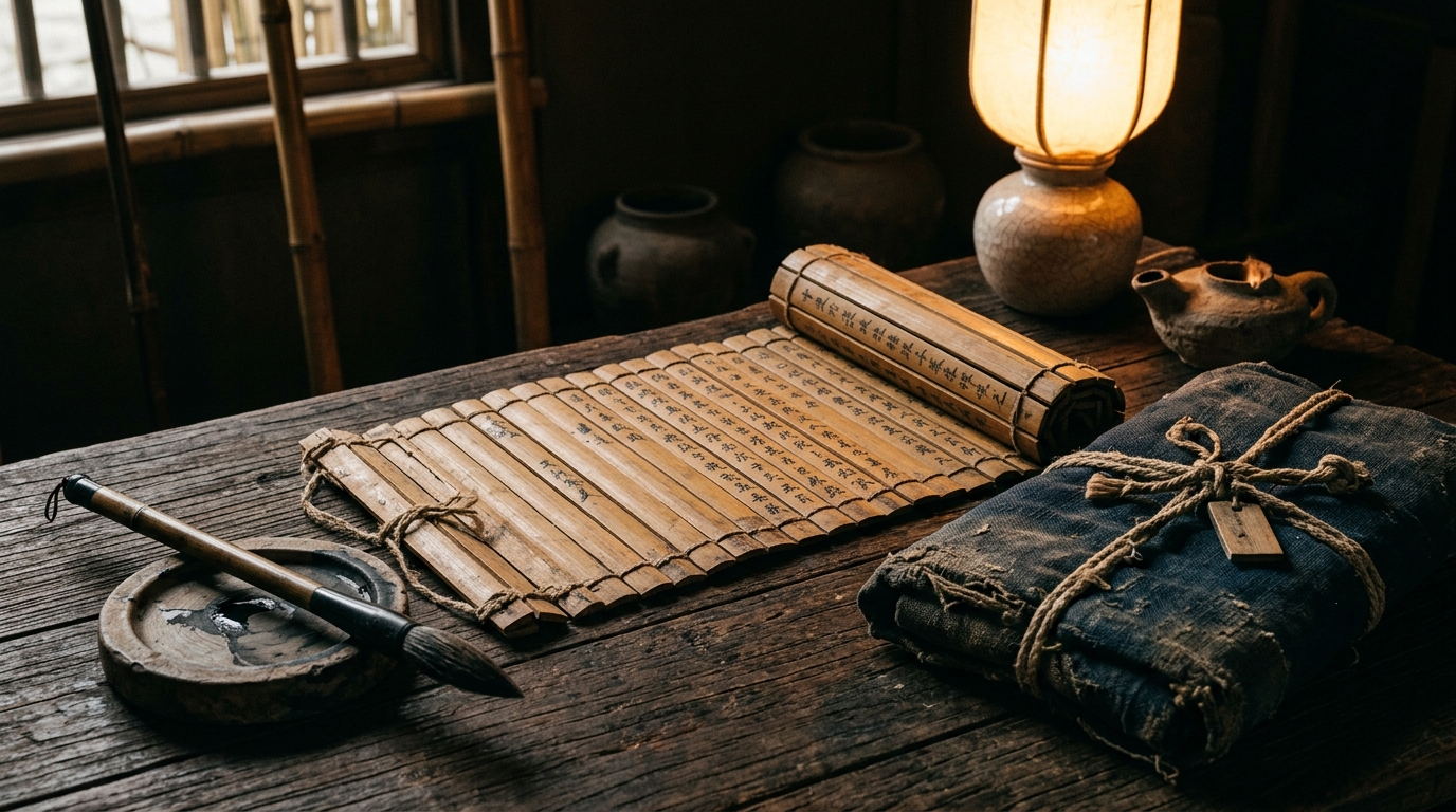 An open bamboo-slip book beside an ink brush and a worn cloth travel bundle on a dark wooden table in lamplight for Confucius travel quotes