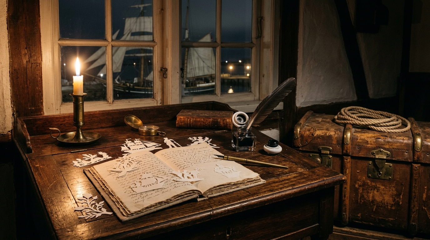 White paper-cut silhouettes and a quill on a candlelit writing desk beside a worn leather travel trunk with a coiled rope