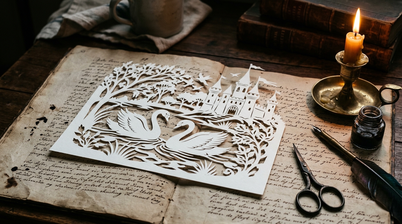 Intricate white paper-cut silhouette and scissors resting on a handwritten manuscript page beside a lit candle hans christian andersen travel quotes
