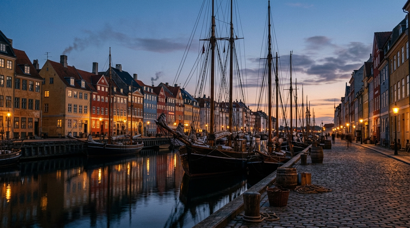 Tall sailing ships moored along a Copenhagen quay of gabled townhouses at dusk with lantern light on the water hans christian andersen travel quotes
