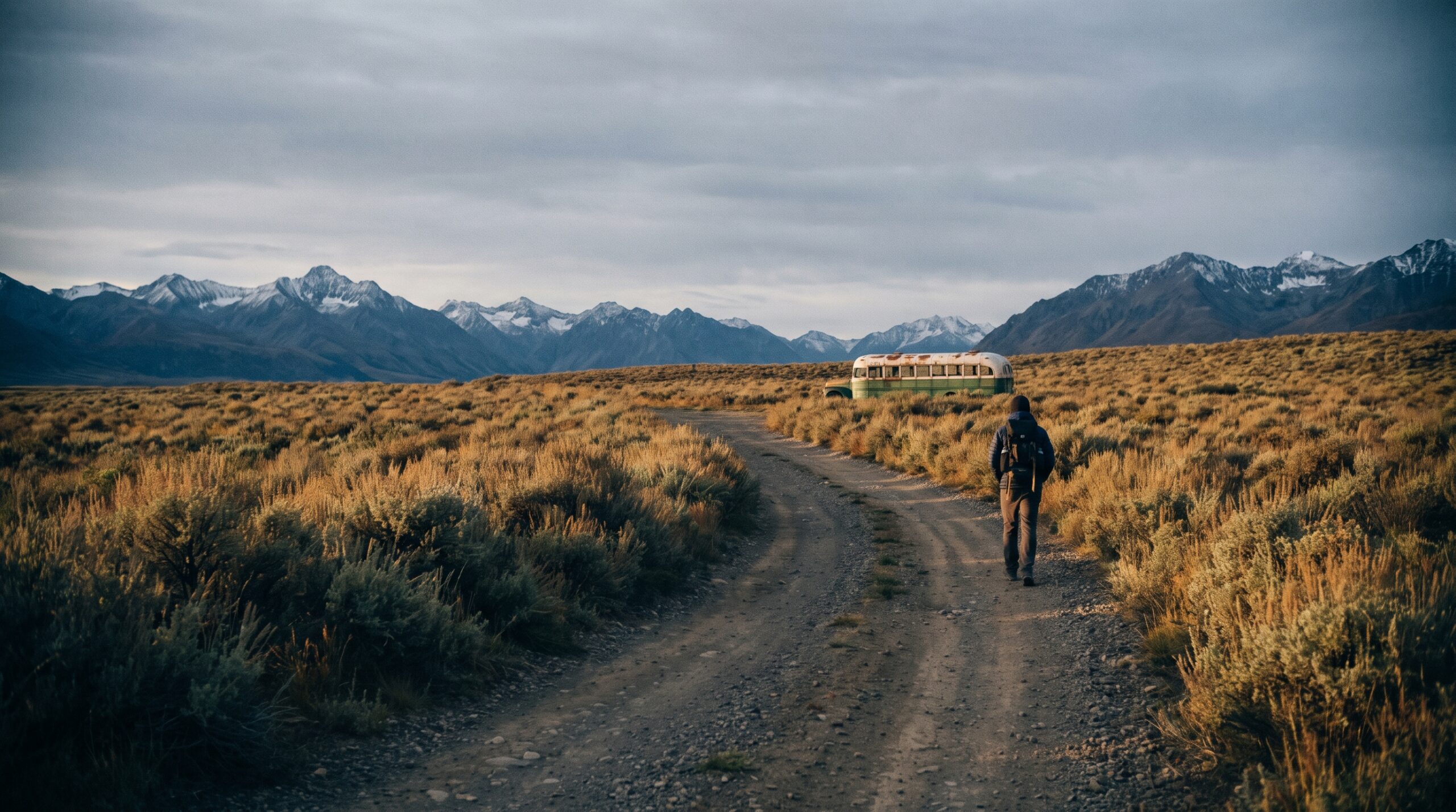 Lone traveller crossing open Alaskan tundra toward a distant weathered bus and mountains