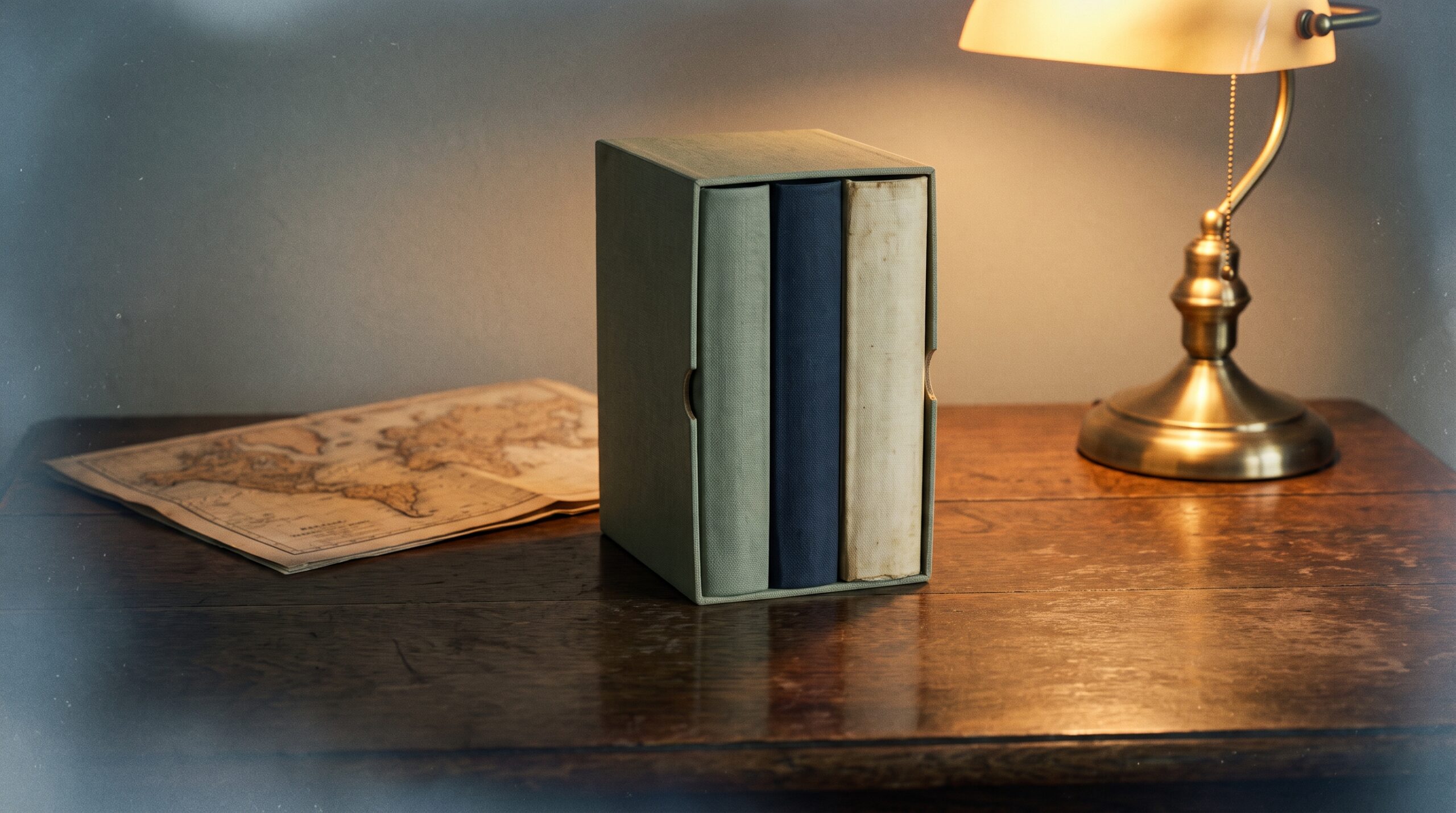 Slipcased set of cloth-bound books on a worn oak table beside a brass lamp and folded map