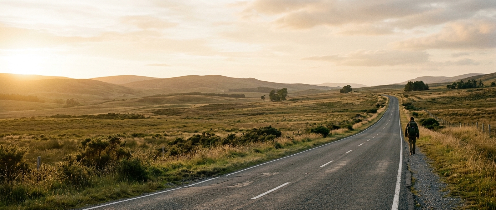 A long empty road in late golden light with a single traveller walking into the distance