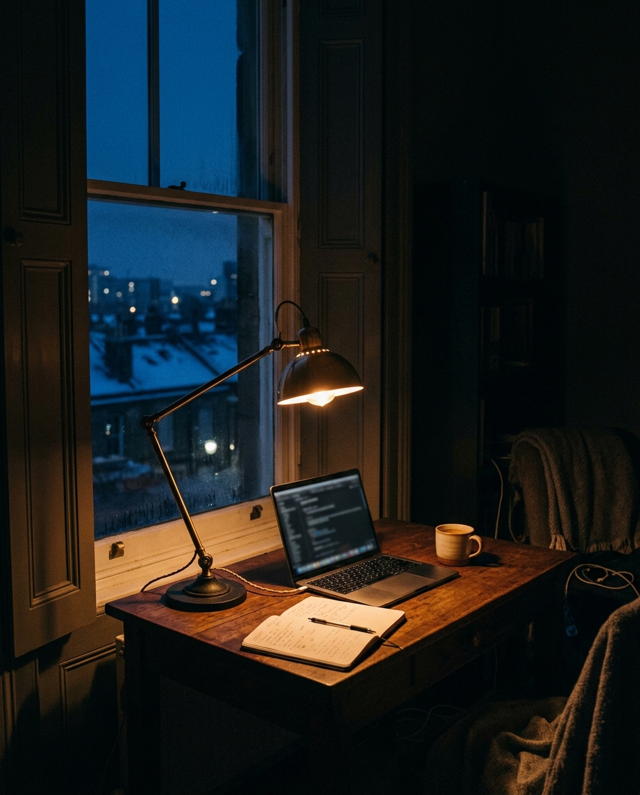 A desk lamp on before sunrise in a dark winter apartment, laptop open for the early shift