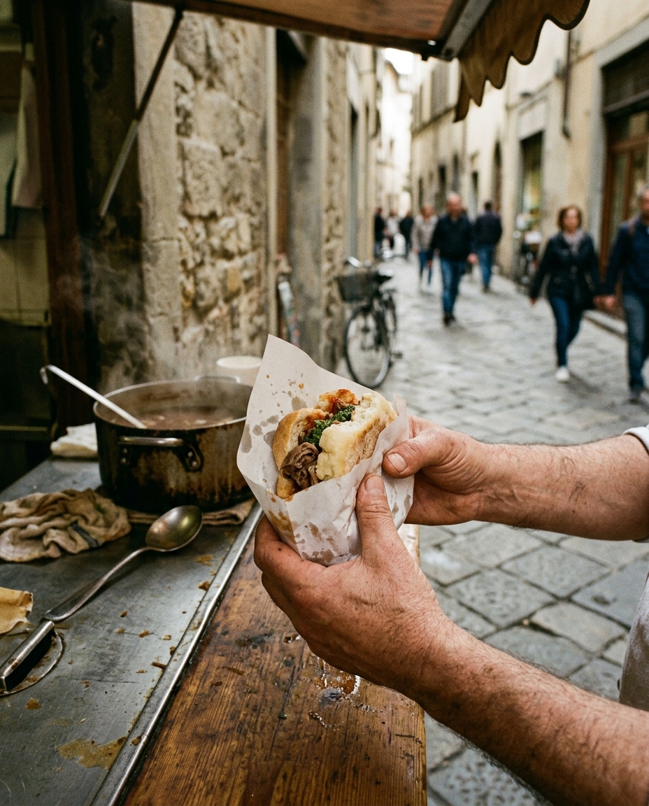 A paper-wrapped sandwich at a modest Florentine street stall, steam rising from the pot
