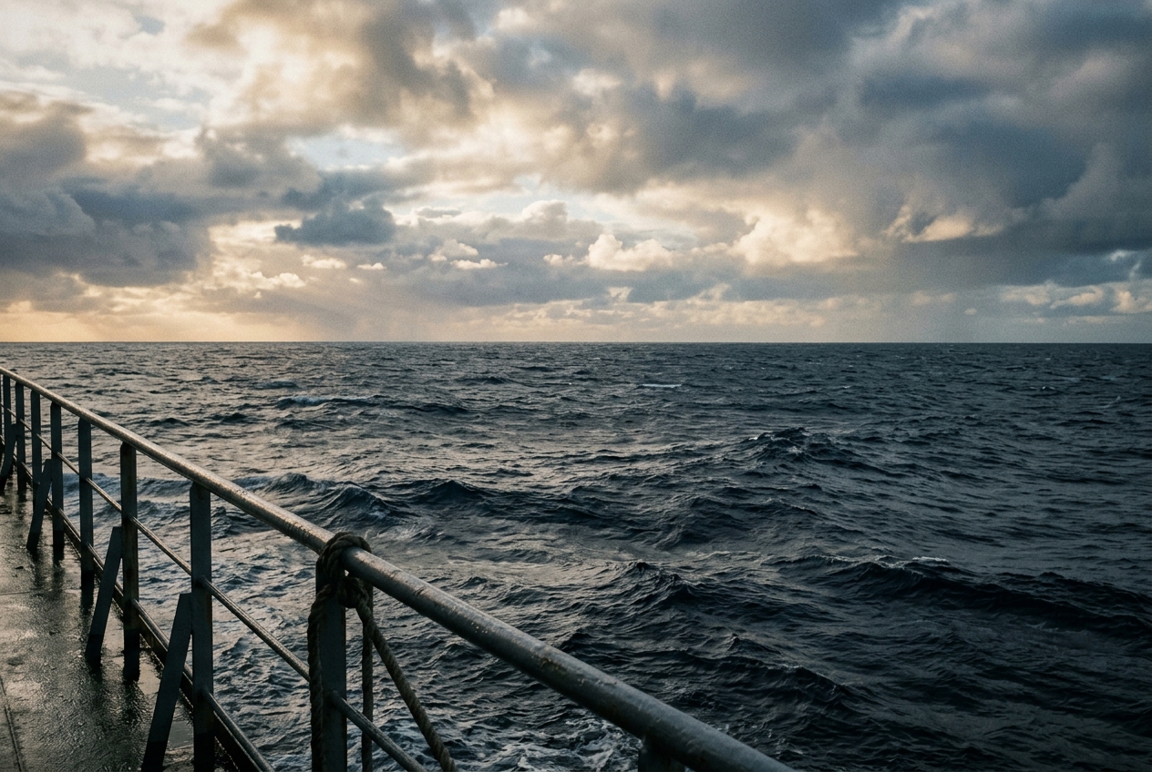 Open ocean swell and horizon from a ship's rail, the mood behind these ocean and coast quotes