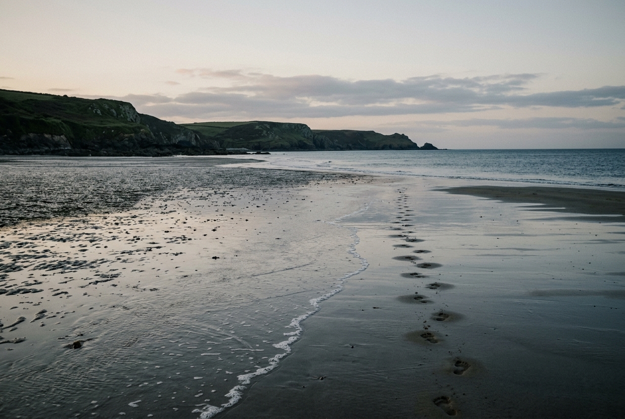 Footprints on wet sand at low tide under a pale sky, matching these short ocean quotes