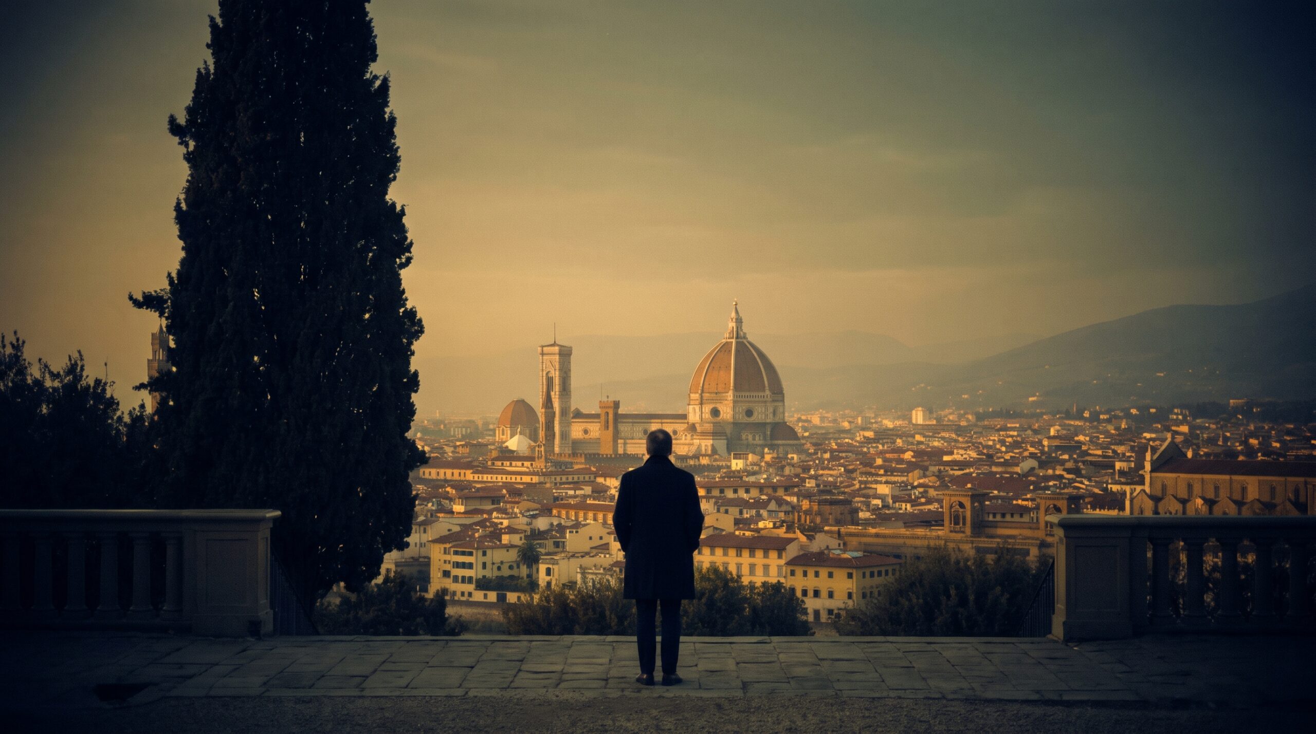 Florence Duomo and rooftops at golden hour from an Oltrarno terrace, lone figure looking out