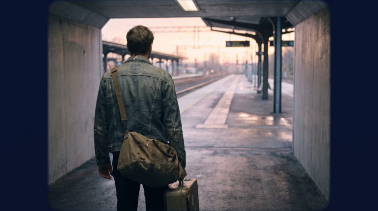 Lone traveller with a small suitcase stepping onto an empty railway platform in soft first light