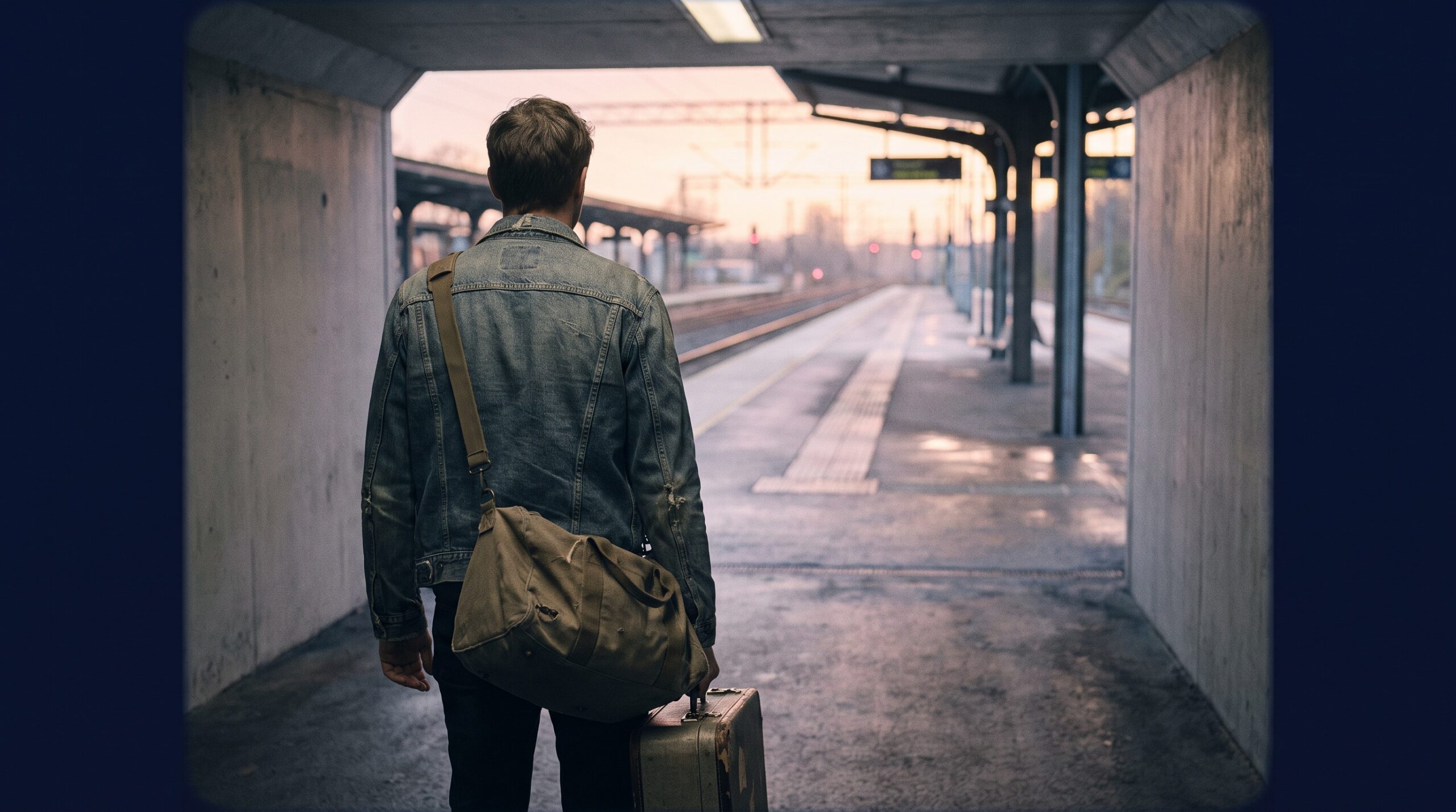 Lone traveller with a small suitcase stepping onto an empty railway platform in soft first light