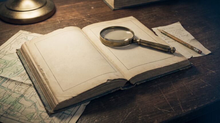 Open antique book with a brass magnifying glass and handwritten margin notes under a warm desk lamp