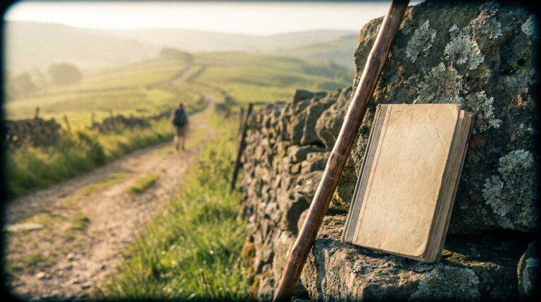 Worn blank-cover book and walking stick on a mossy stone wall, a footpath winding into green hills beyond