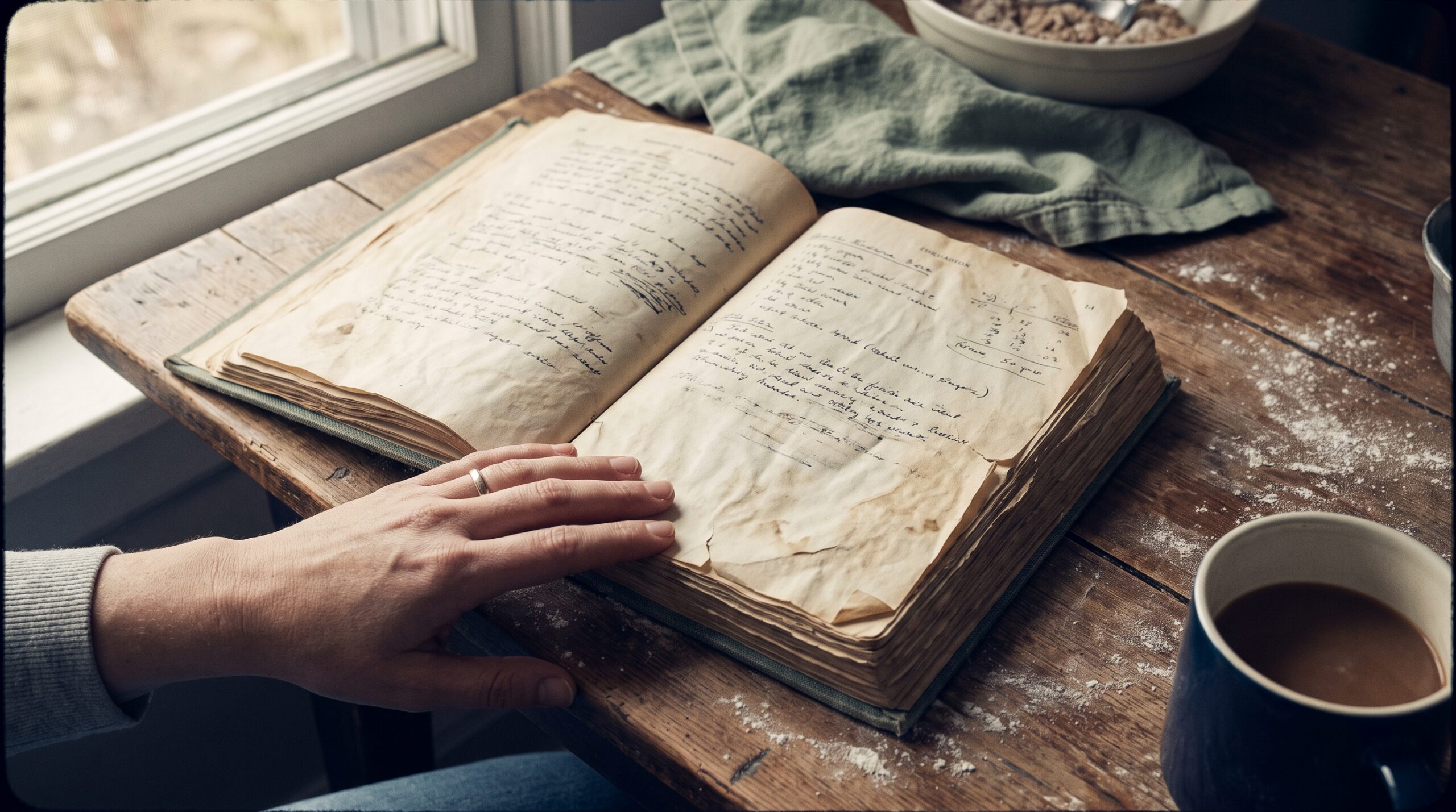 Well-used Nigella Lawson cookbook lying open on a worn wooden kitchen table beside a morning coffee