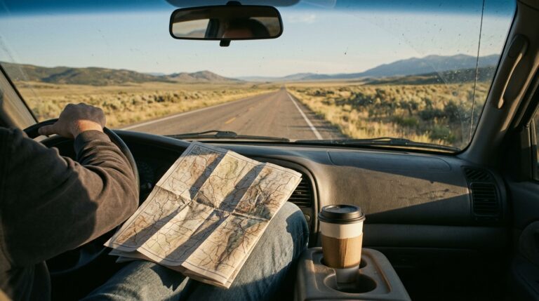 View from a car passenger seat on a road trip, paper map folded wrong on a knee and the open road ahead through the windscreen