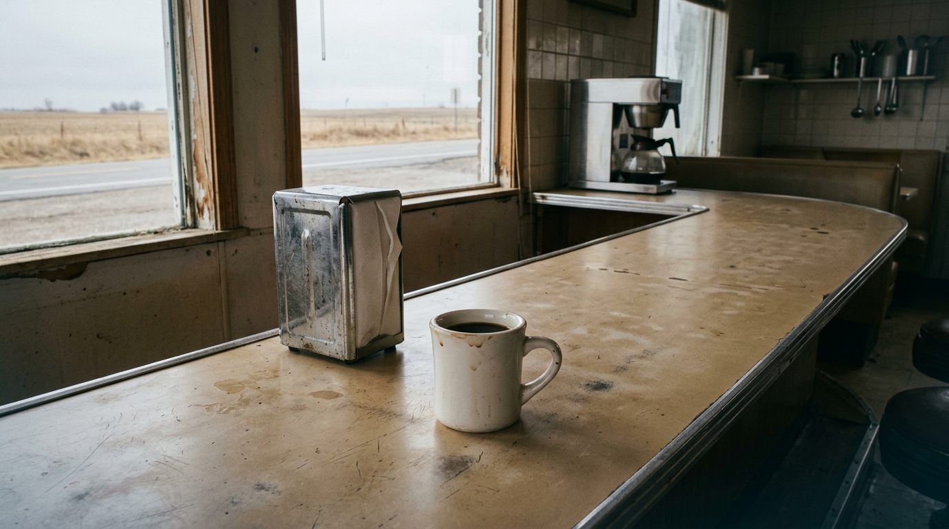 An empty roadside diner counter at mid-morning with a chipped mug and a metal napkin dispenser in flat light