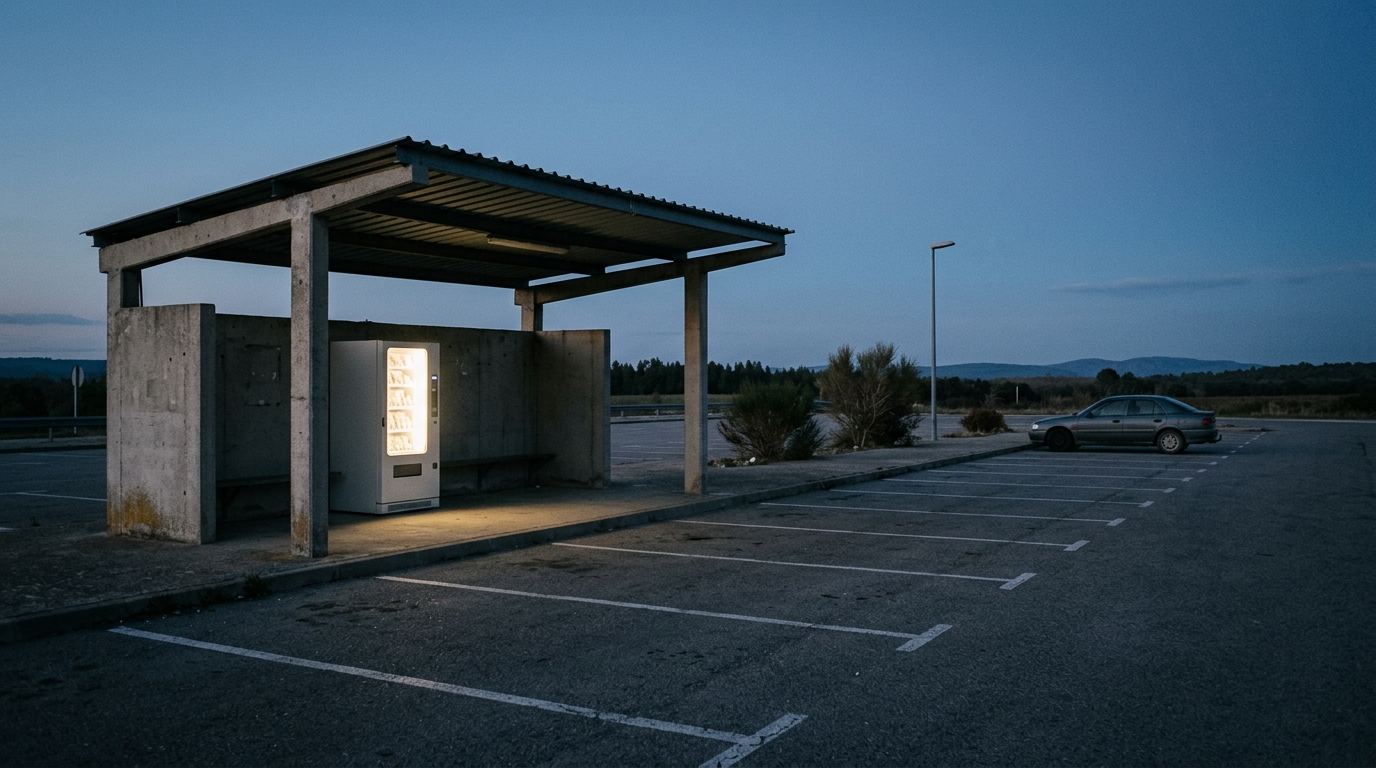 An empty motorway rest stop at dusk with a vending machine glowing under a concrete shelter and one car parked at the far end