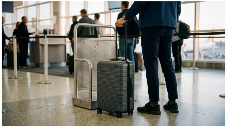 A traveller standing a hardside carry-on suitcase beside an airport boarding gate sizer frame in early morning light, illustrating the best carry on luggage size question