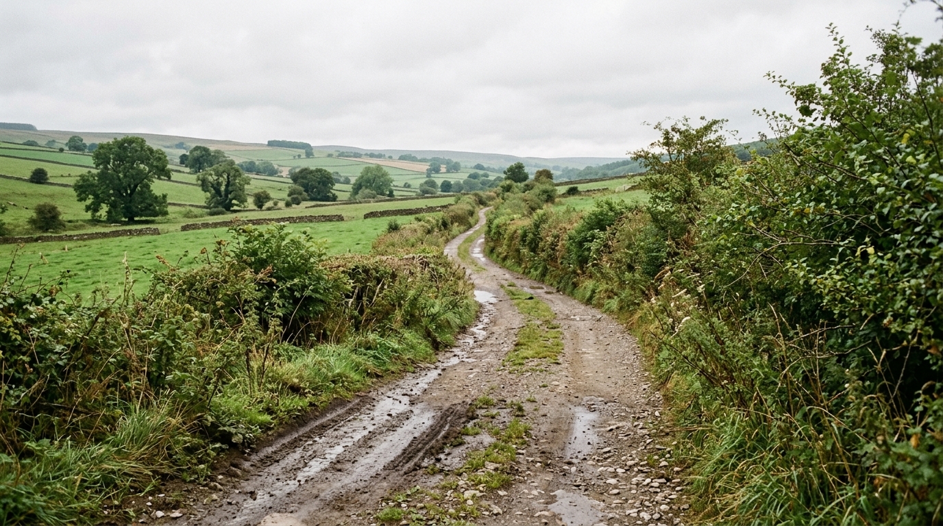 A narrow rutted dirt road curving away between hedgerows out of a green valley under a flat overcast sky