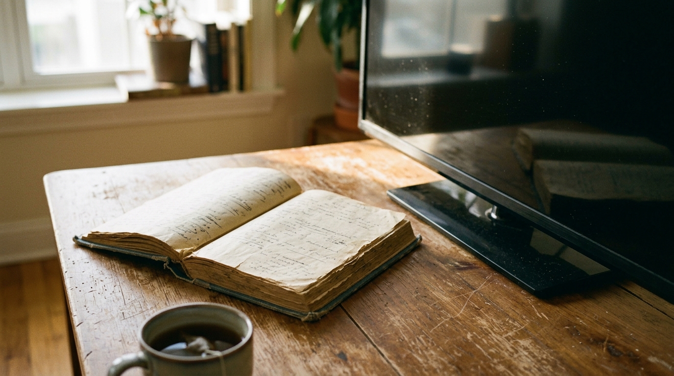 A worn open book lying on a wooden table in afternoon light beside the dark screen of a switched-off television