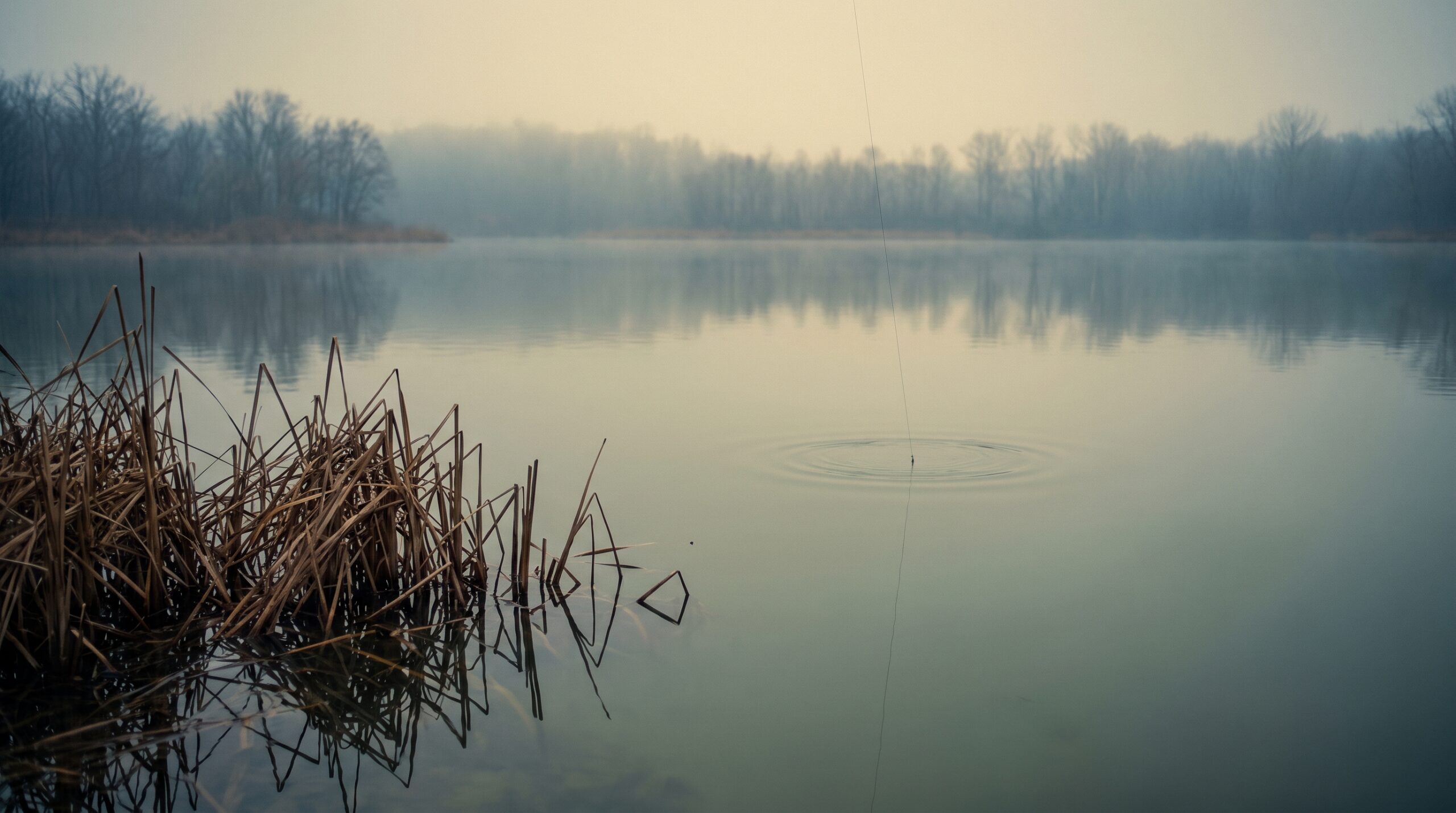 Still grey-green lake water at low light with a single fishing line entering the surface and rings spreading, the theme of sourced fishing quotes