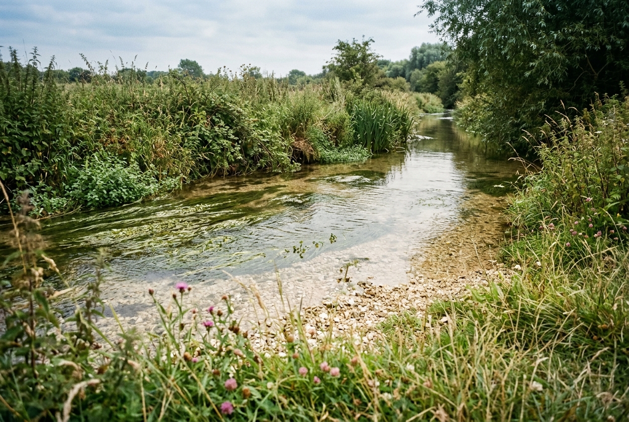 A clear shallow chalk stream over pale gravel with weed trailing in the current, the kind of water behind these fishing quotes