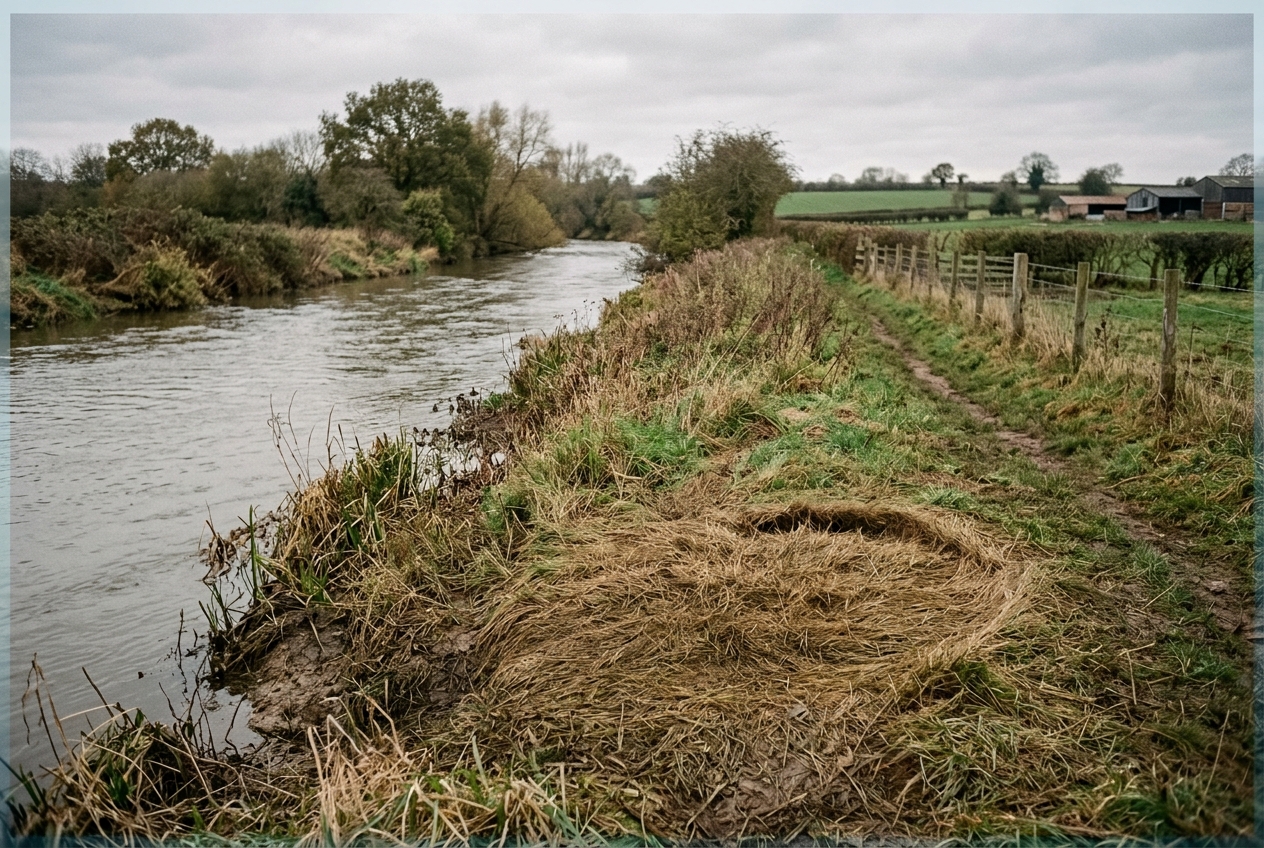 An empty riverbank with the grass pressed flat where somebody sat, the quiet part of a day behind these fishing quotes
