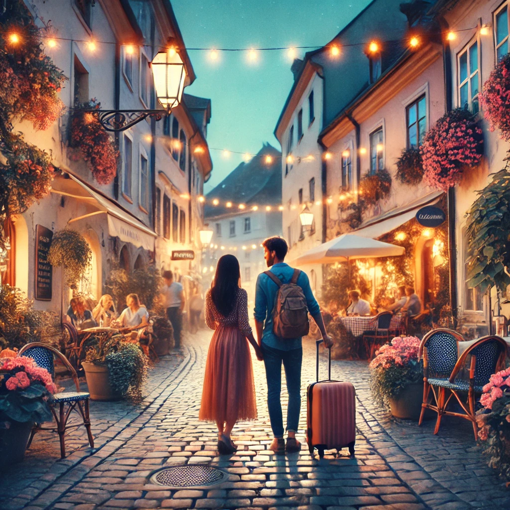 A couple are walking the cobble streets with lights hanging over the street in a romantic setting