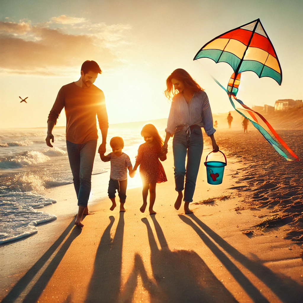 Family of four are walking hand in hand along the beach with a sunset in the background