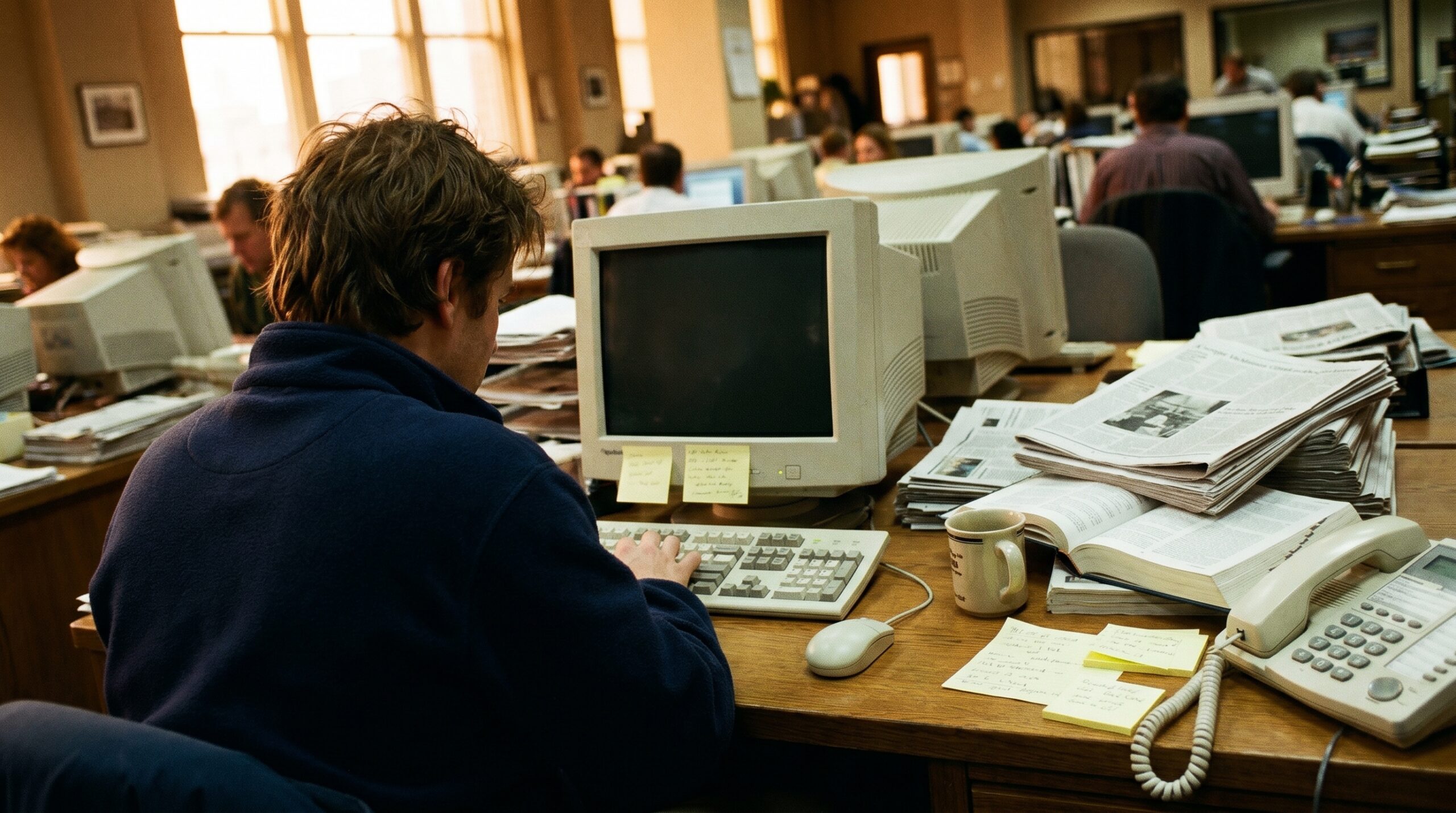 man sitting at a computer researching misattributed quotes