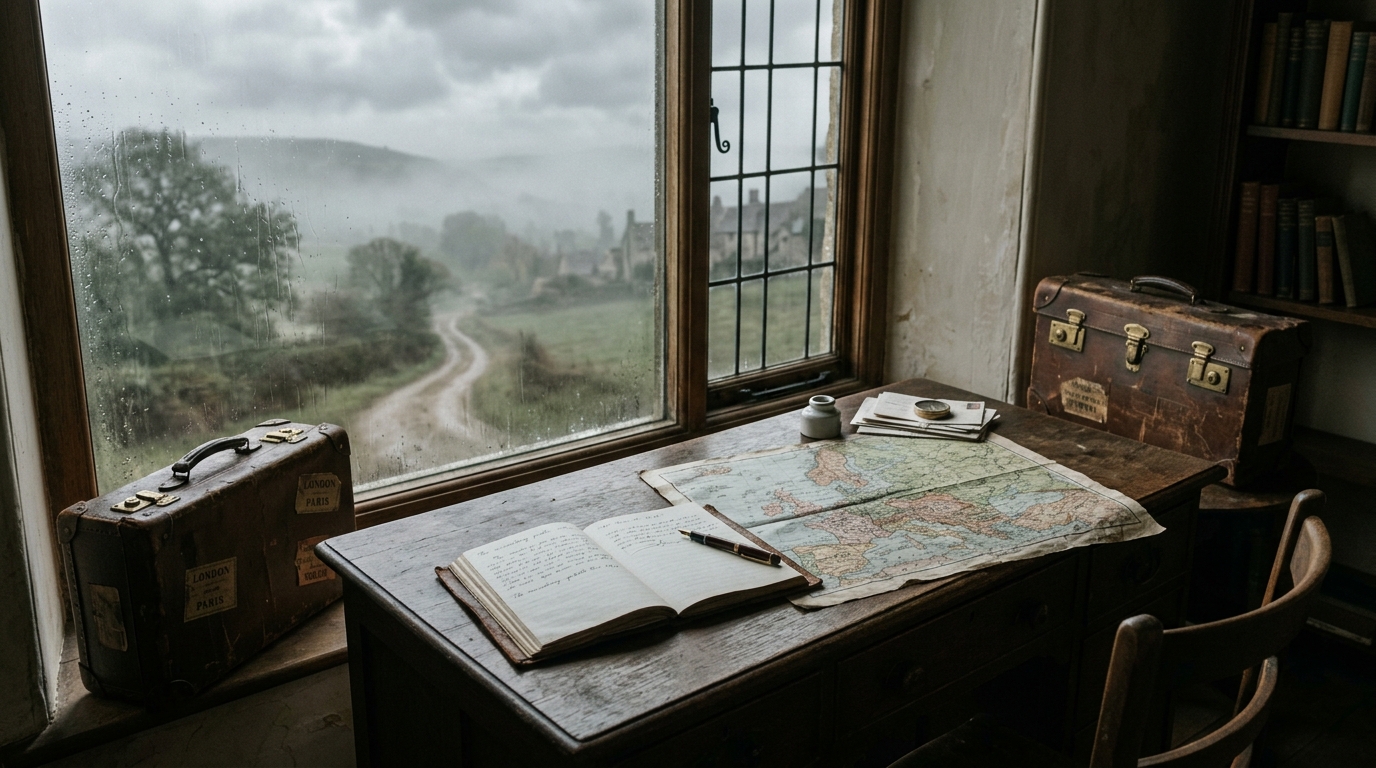 Edwardian writing desk by a misty window, evoking Richard Aldington as a restless literary traveller