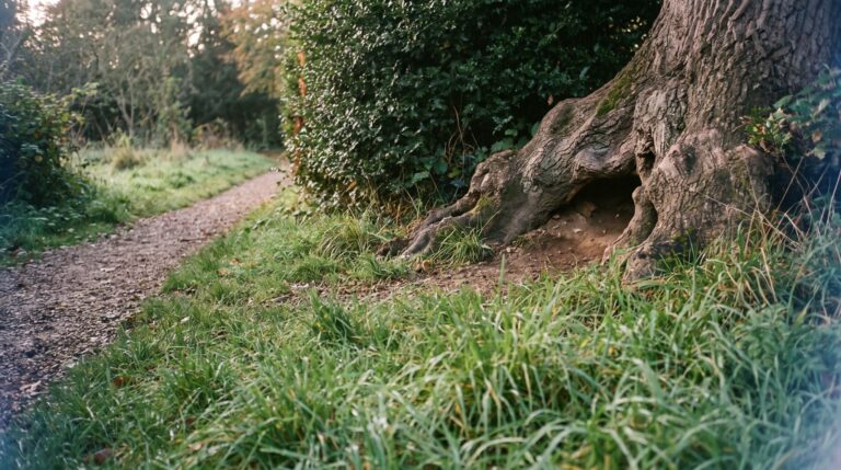 Long grass and a gravel path curving under a hedge in an English garden, with a dark opening at the base of a tree root