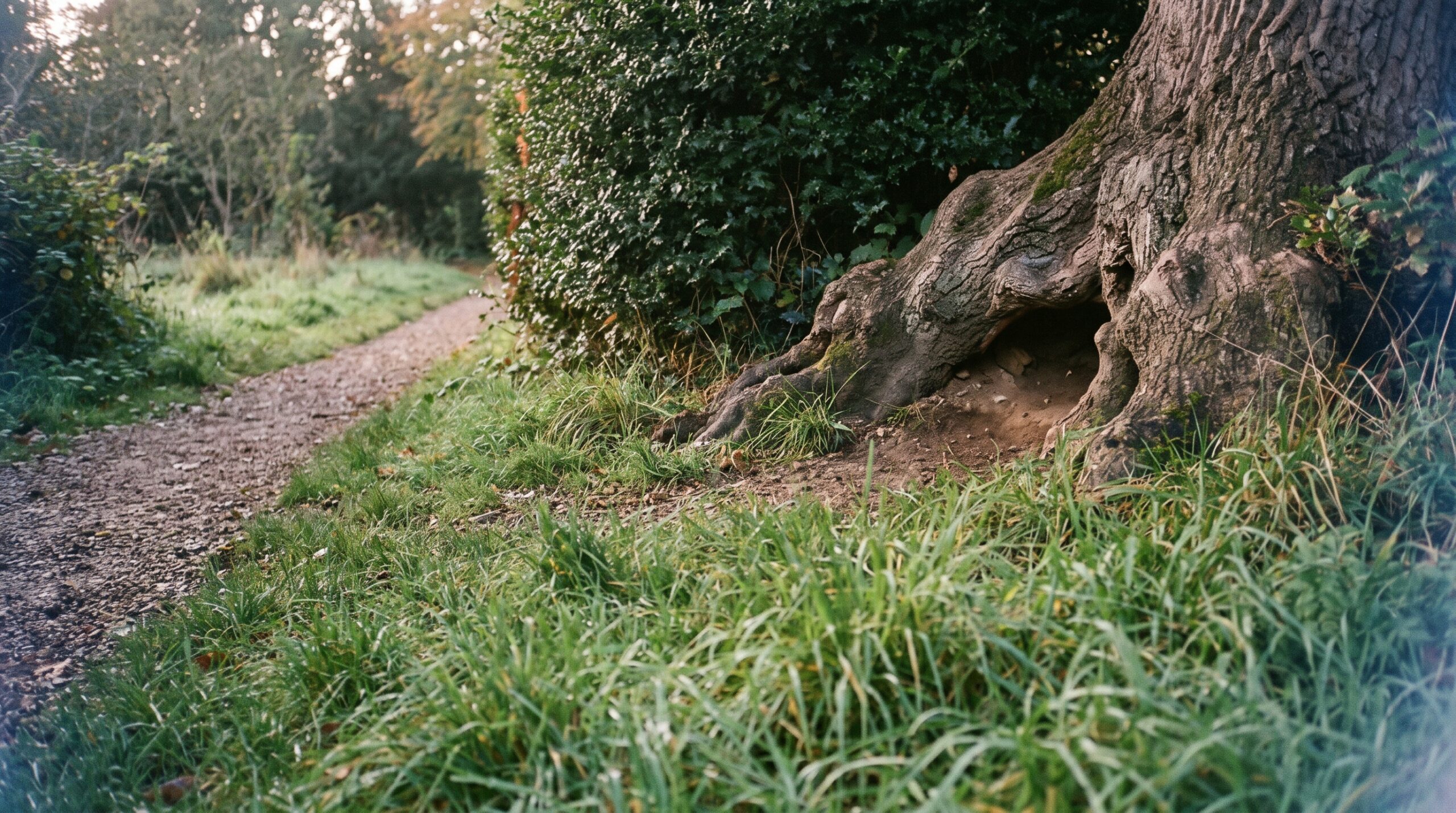 Long grass and a gravel path curving under a hedge in an English garden, with a dark opening at the base of a tree root