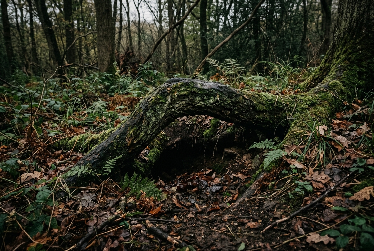 A mossy tree root arching over a dark gap in woodland soil, surrounded by ferns and leaf litter in flat daylight for alice in wonderland quotes