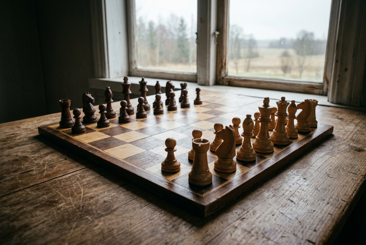 A worn wooden chessboard set up on a bare table by a farmhouse window that looks out over flat fields