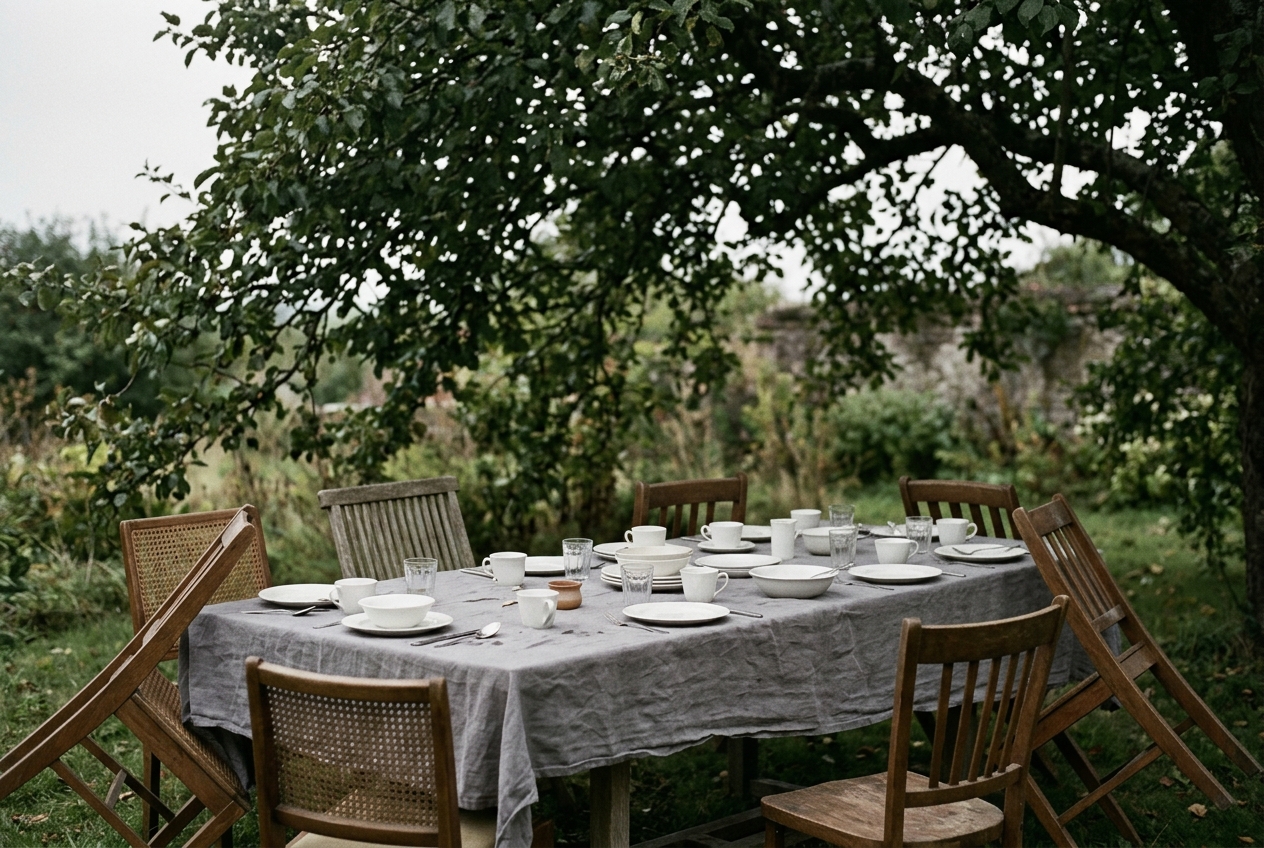 A long table under an apple tree laid with mismatched white china, chairs empty and pushed back, in flat grey daylight