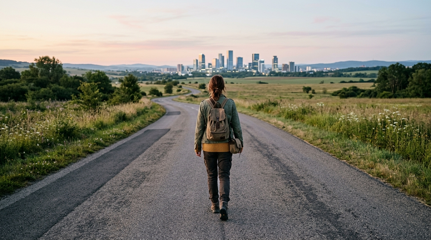 A lone traveller walking an open road toward a modern city at dawn for ayn rand travel quotes