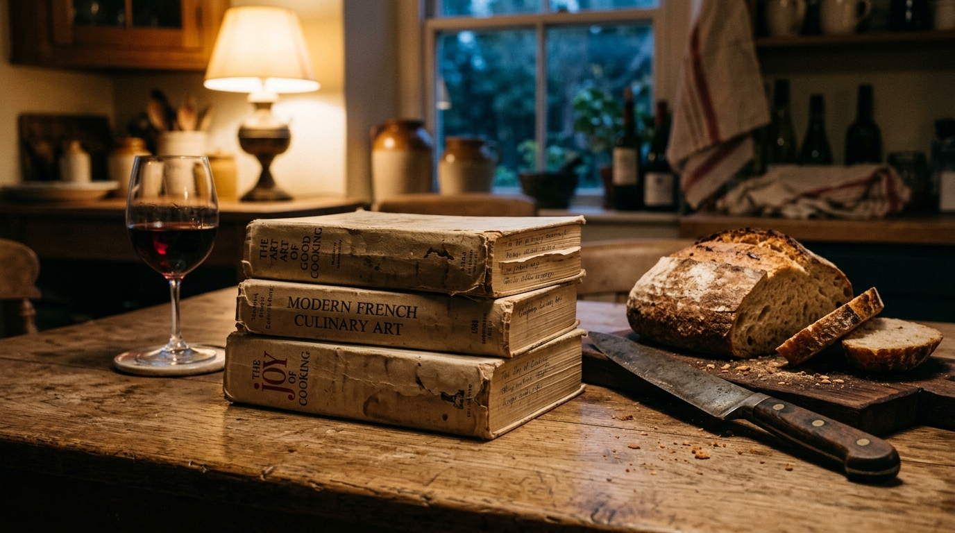A stack of well thumbed vintage cookbooks, a rustic loaf and a cook's knife by warm lamplight for James Beard travel quotes