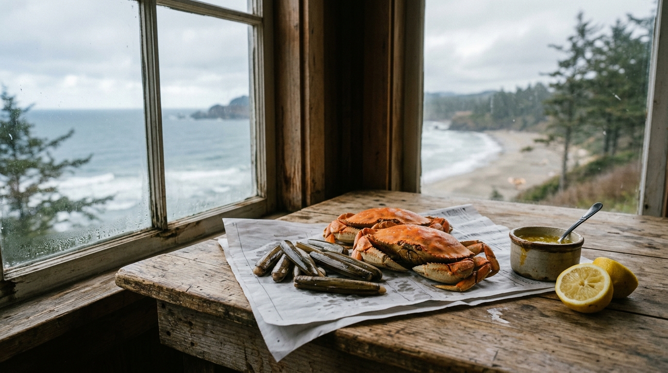 Oregon coast table with fresh Dungeness crab, razor clams, a lemon and melted butter in soft sea light for James Beard travel quotes