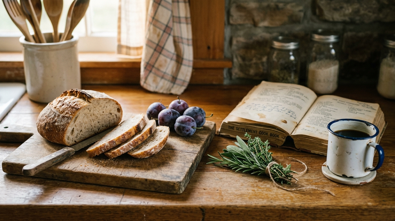 Warm golden hour American farmhouse kitchen counter with a sliced homemade loaf, fresh produce and an open cookbook.