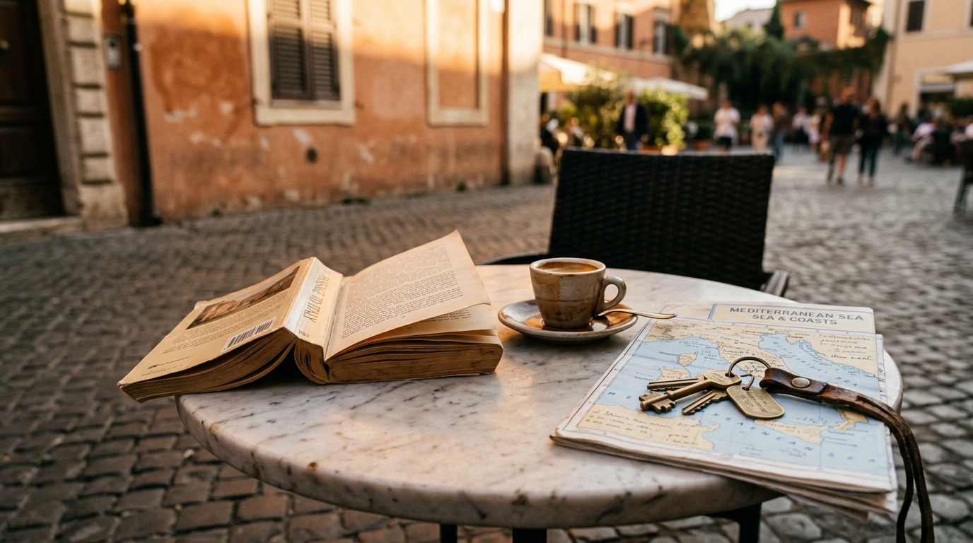 An open paperback on a marble cafe table beside an espresso cup at golden hour, evoking the Bourdain travel-writing register.