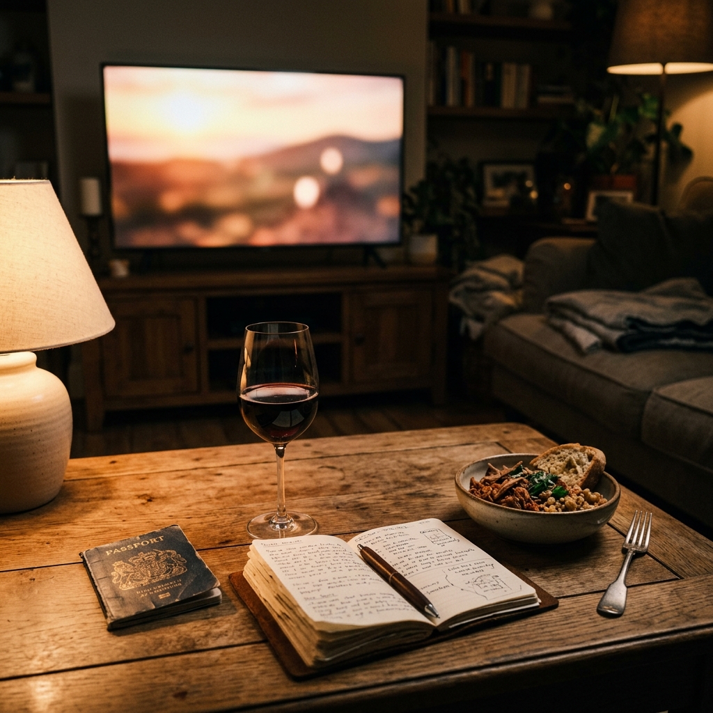 A cozy evening scene representing streaming travel and food documentaries at home, with a glowing screen, a glass of red wine, a passport and a notebook on a wooden table