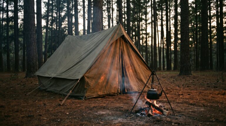 A canvas tent in a pine clearing at dusk with a kettle hanging over a small campfire, for camping quotes