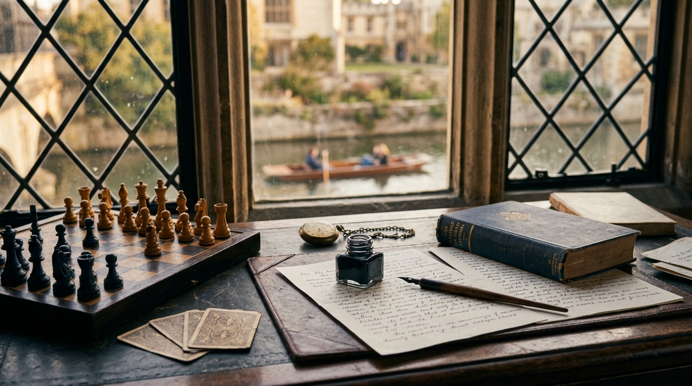 A Victorian writing desk by an Oxford window with ink pen, manuscript pages, a pocket watch, a small chessboard and playing cards, a river punt blurred beyond the glass for lewis carroll travel quotes