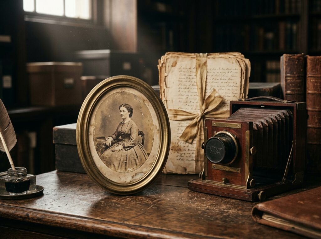 A sepia Victorian photographic portrait plate resting on a desk beside an antique plate camera and ribbon-tied manuscript pages for lewis carroll travel quotes