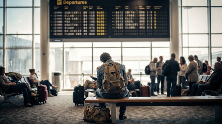 Airport departures board above a lone traveller waiting beside their bag during flight delays