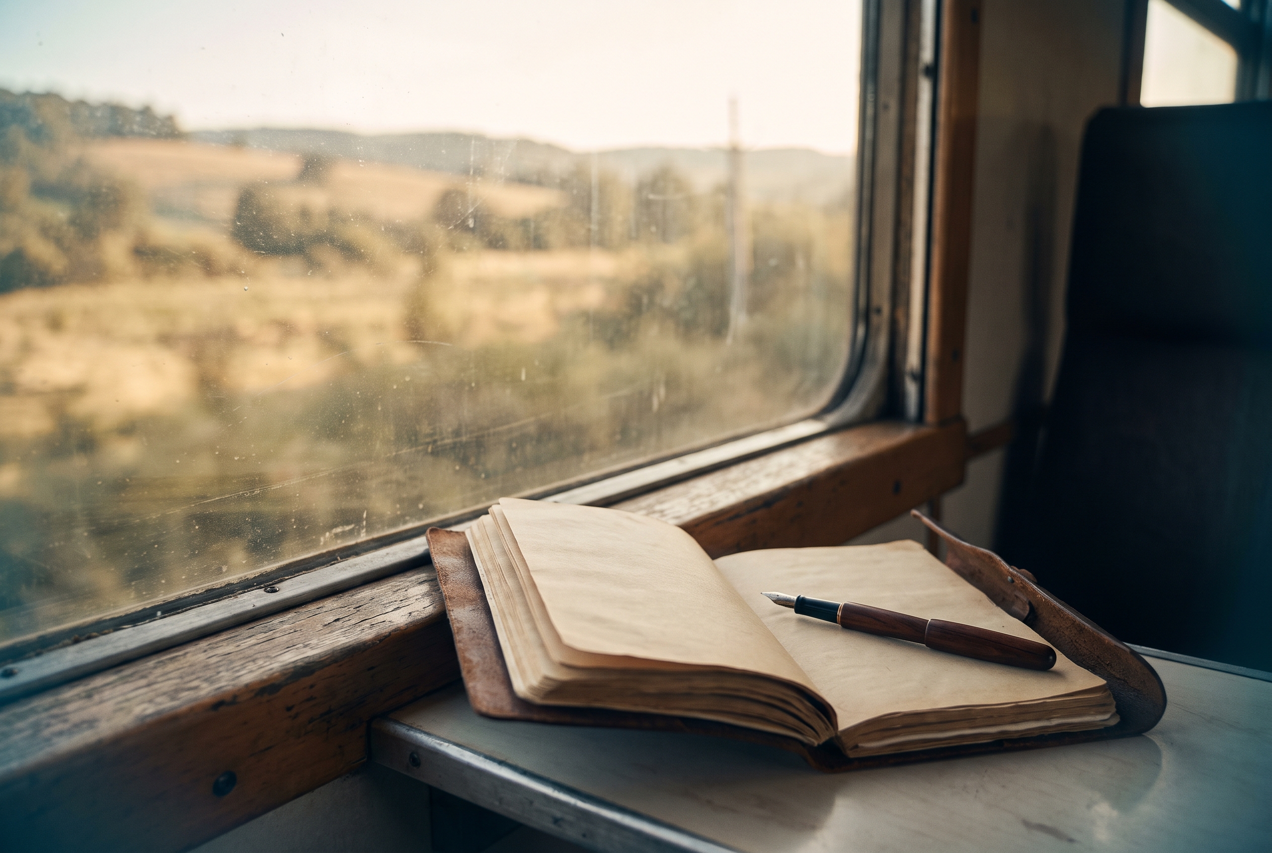 A notebook and pen on a train windowsill, the landscape blurring past outside.