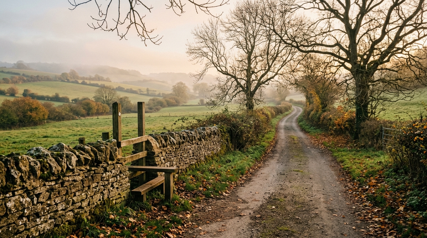 An English country lane near Oxford in autumn mist with a wooden stile and low hills for C.S. Lewis travel quotes
