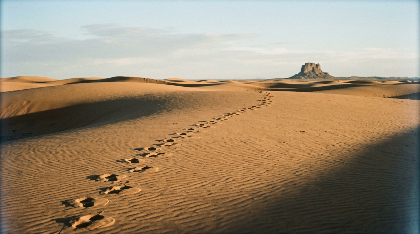 Low sand dunes in late afternoon light with a single line of footprints crossing toward a distant rock outcrop
